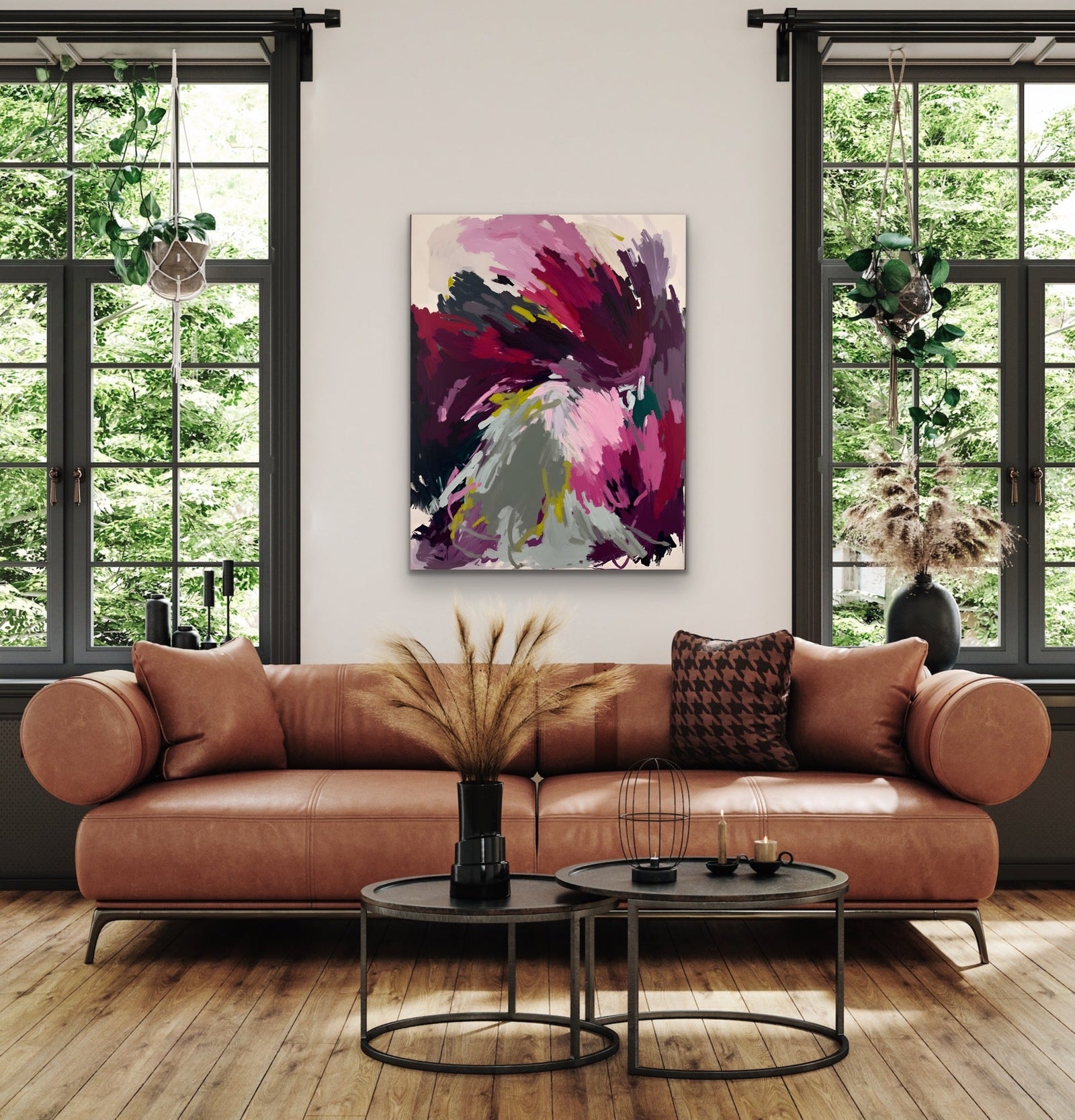 Vibrant abstract painting with bold magenta purple and gray strokes as stretched canvas or framed fine art print above sofa