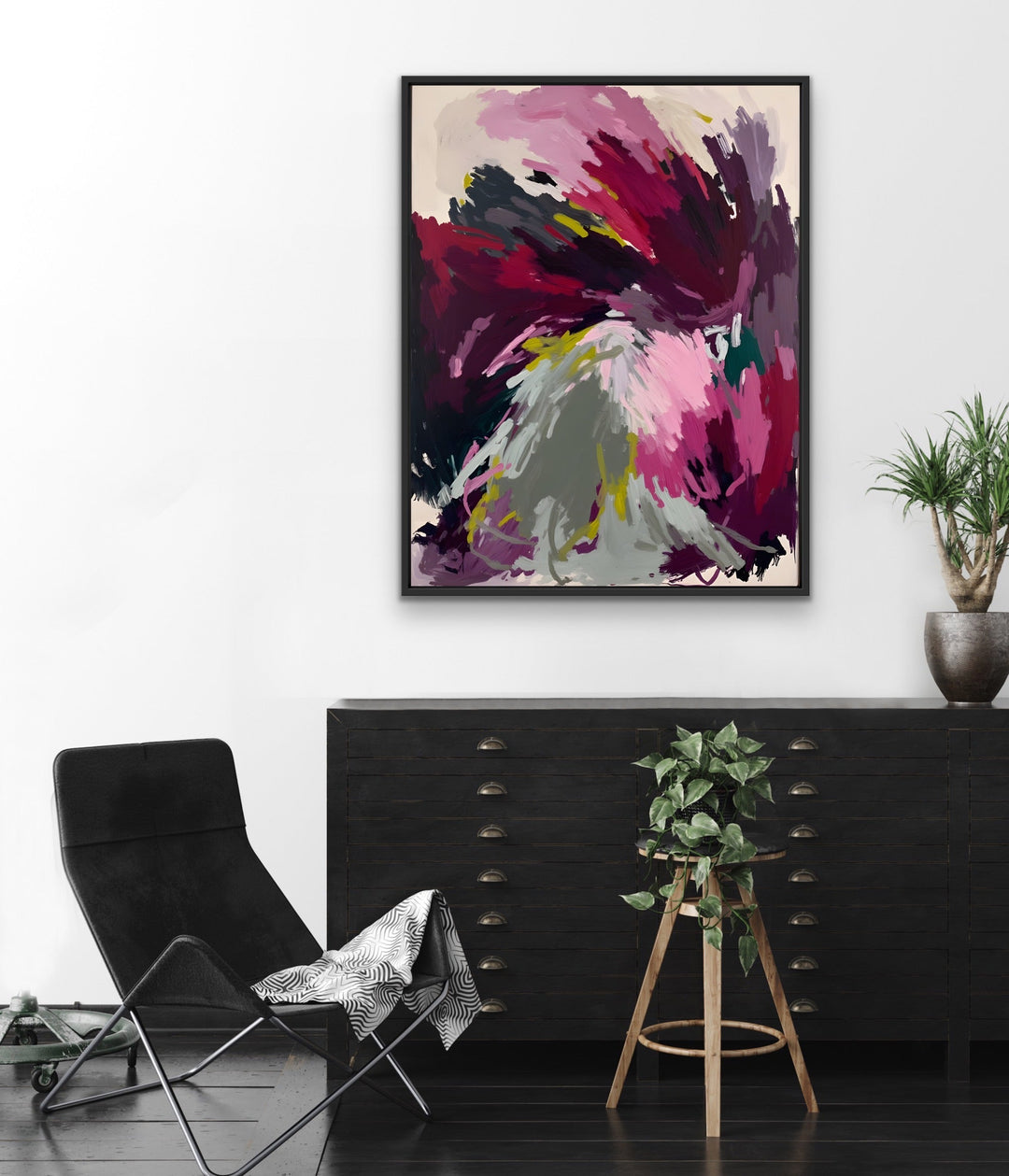 Yield colourful abstract artwork featuring bold magenta purple and gray strokes on cream background in a black frame