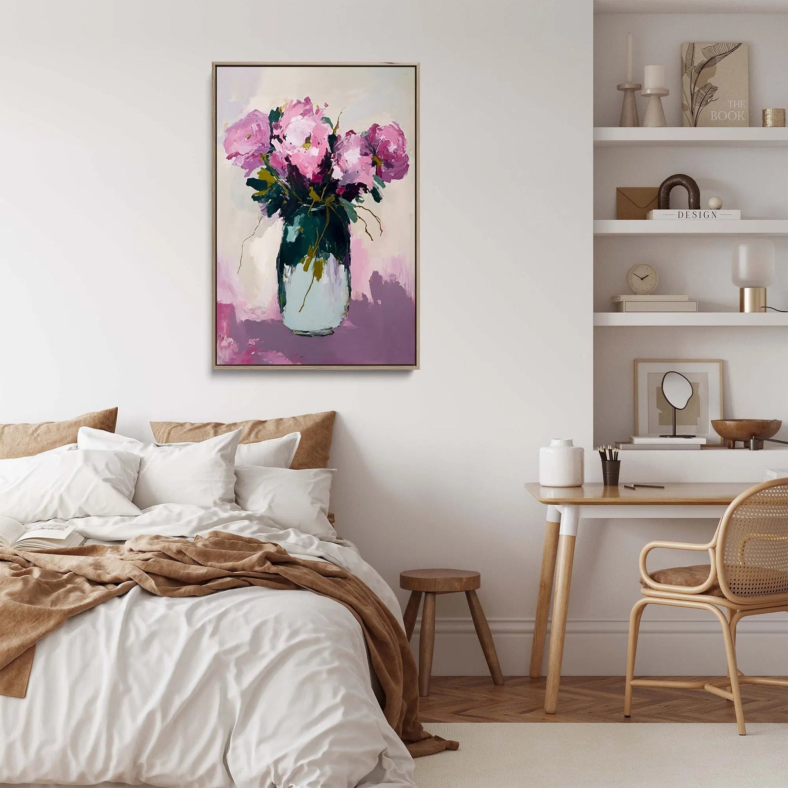 A framed fine art print of pink peonies in a light blue glass vase on a soft purple and white abstract background