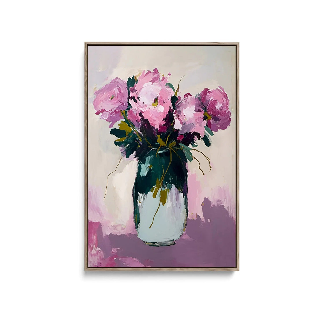 A framed fine art print featuring a vibrant pink peony bouquet in a green glass vase with expressive brushstrokes