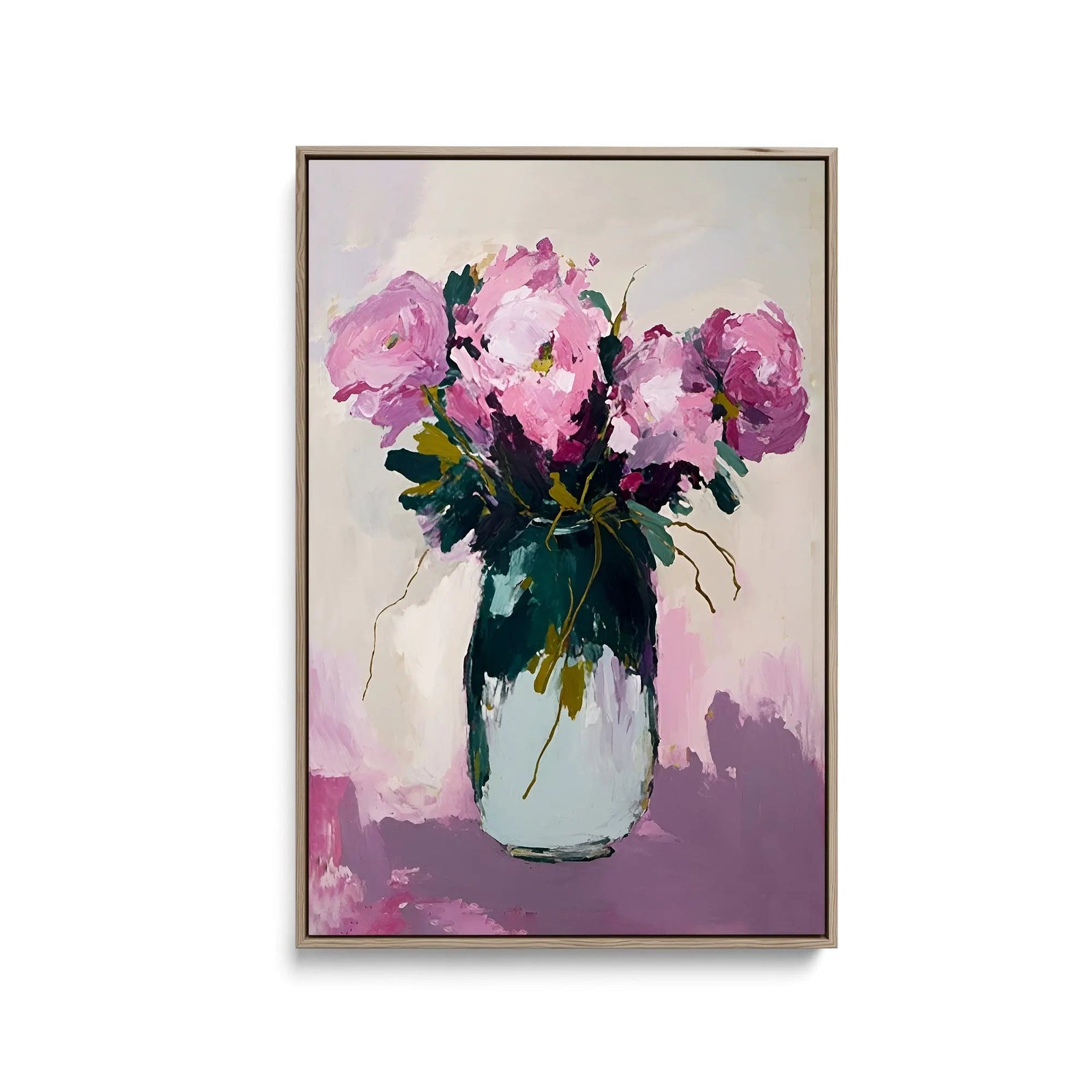 A framed fine art print featuring a vibrant pink peony bouquet in a green glass vase with expressive brushstrokes
