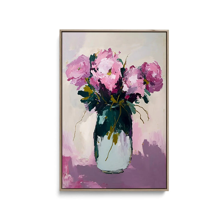 A framed fine art print featuring a vibrant pink peony bouquet in a green glass vase with expressive brushstrokes
