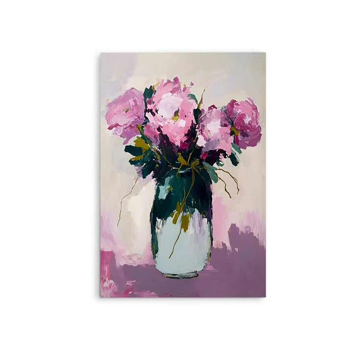 You make me happy floral bouquet abstract artwork stretched canvas print featuring pink peonies in green glass vase