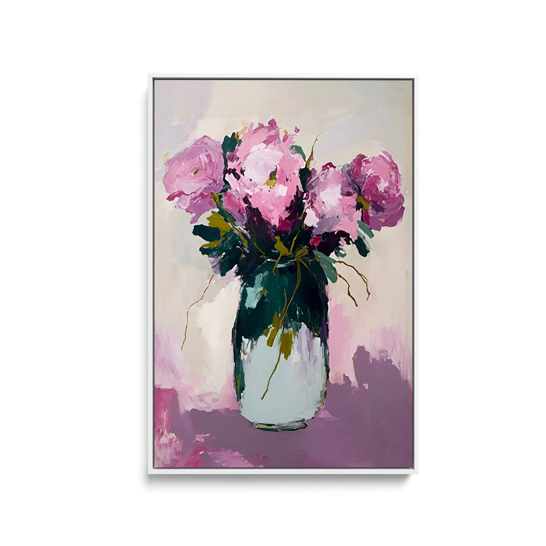 You make me happy floral bouquet abstract artwork stretched canvas print featuring pink peonies in green vase