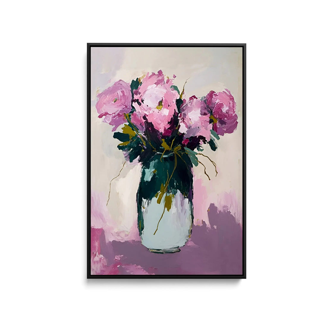 A framed fine art print of a vibrant pink peony bouquet in a green glass vase on a soft pastel background