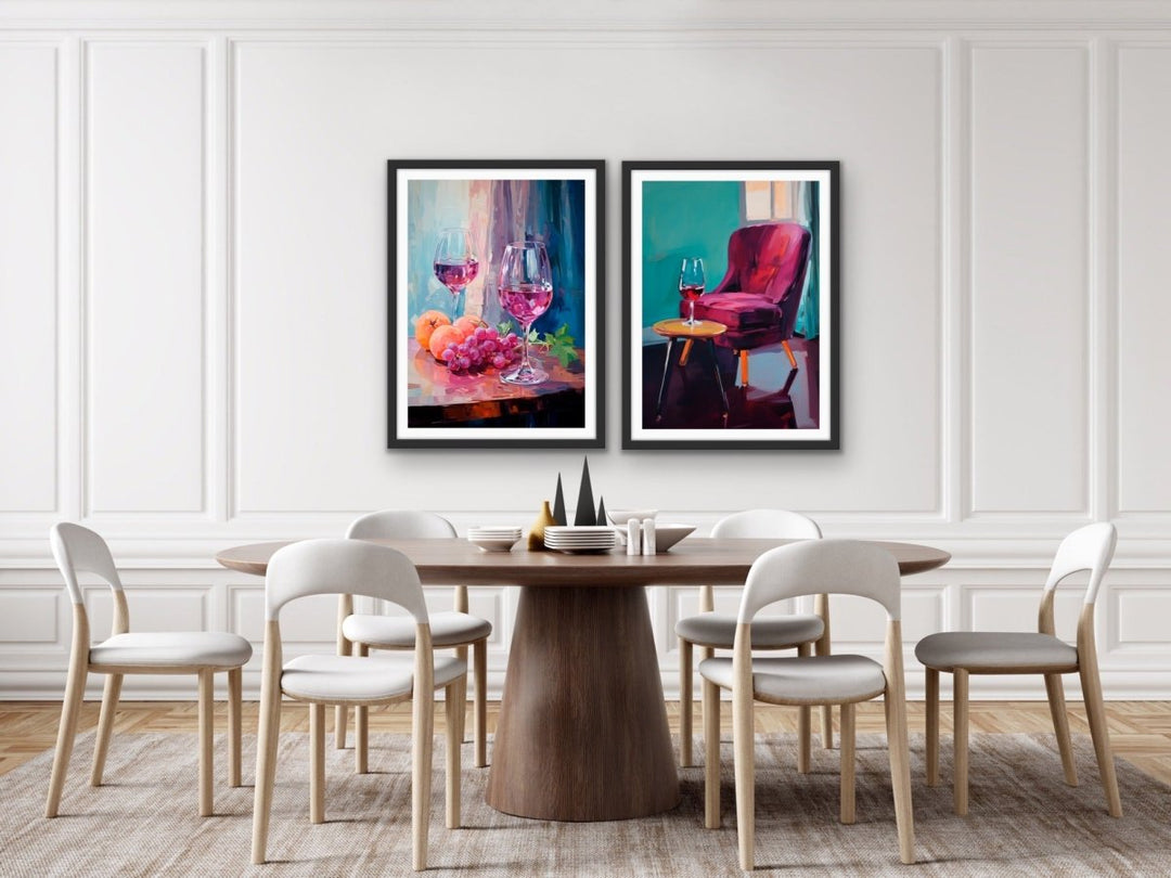 You, Me and A Glass of Red - Two Piece Still Life Restaurant Artworks - I Heart Wall Art - Poster Print, Canvas Print or Framed Art Print