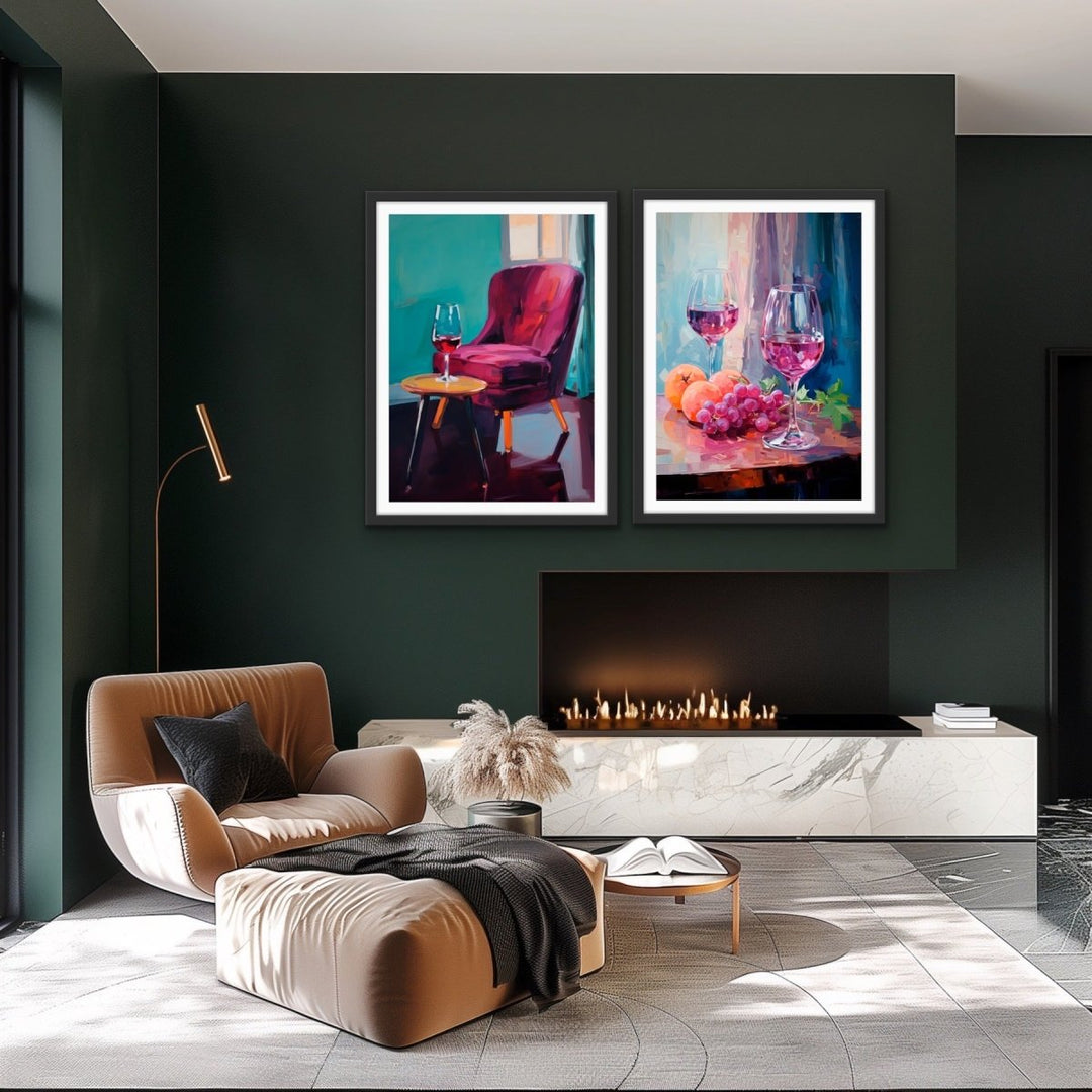 You, Me and A Glass of Red - Two Piece Still Life Restaurant Artworks - I Heart Wall Art - Poster Print, Canvas Print or Framed Art Print