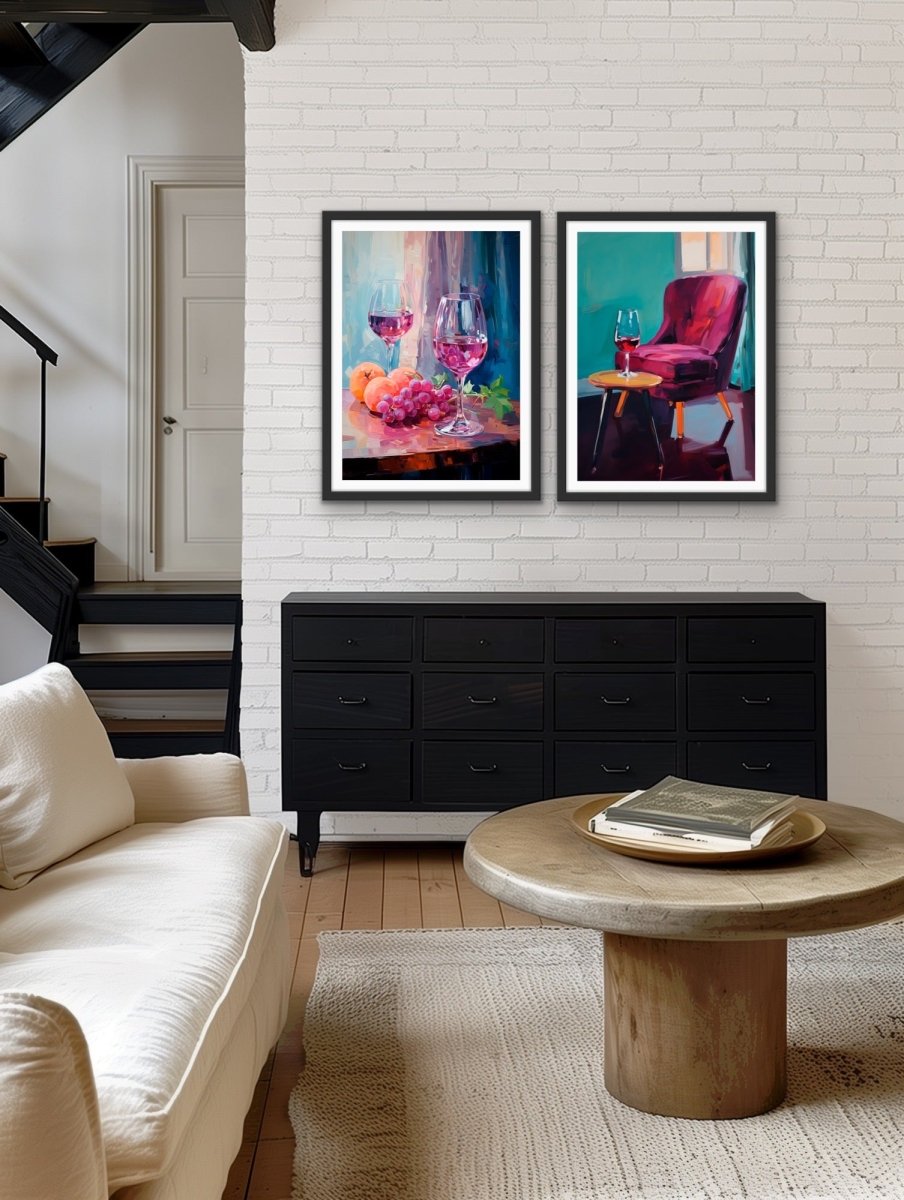 You, Me and A Glass of Red - Two Piece Still Life Restaurant Artworks - I Heart Wall Art - Poster Print, Canvas Print or Framed Art Print