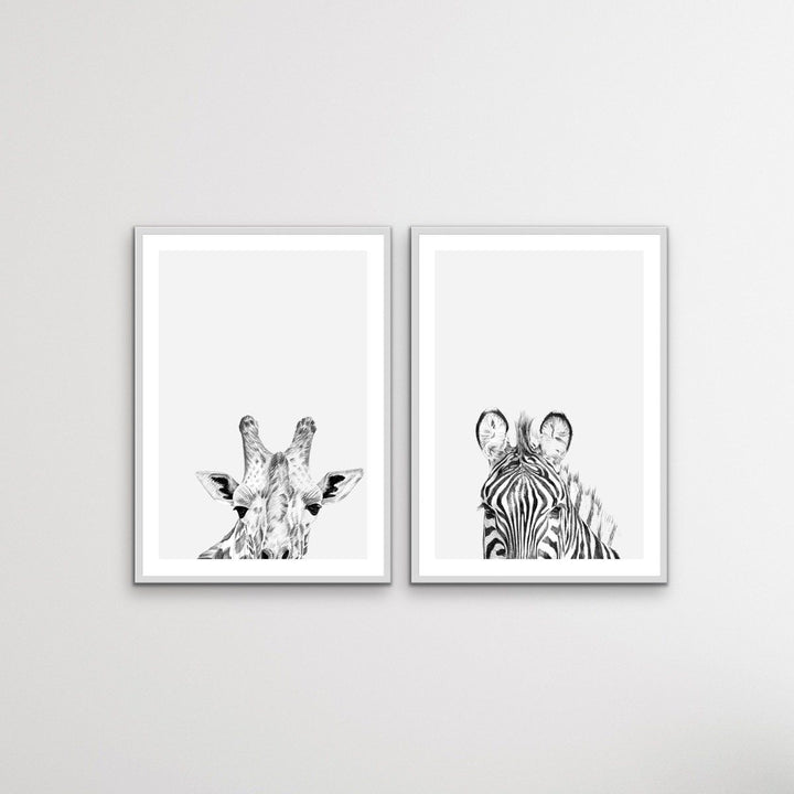 Zebra and Giraffe Sketches - Two Piece Line Drawing Set of Art or Canvas Prints Diptych - I Heart Wall Art
