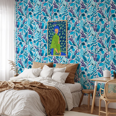 Peacock Girl Blue Patterned  Peel and Stick Removable Wallpaper I Heart Wall Art Australia 