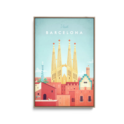 Barcelona by Henry Rivers - Stretched Canvas Print or Framed Fine Art Print - Artwork- Vintage Inspired Travel Poster I Heart Wall Art Australia 