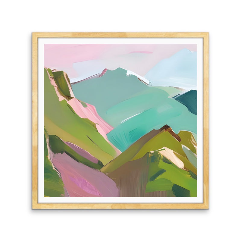 To The Mountains - Edition One - Pink and Green Square Mountain Stretched Canvas Canvas Print, Poster Print or Framed Art Print I Heart Wall Art Australia 