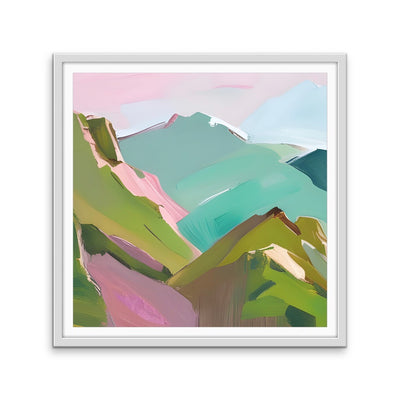 To The Mountains - Edition One - Pink and Green Square Mountain Stretched Canvas Canvas Print, Poster Print or Framed Art Print I Heart Wall Art Australia 