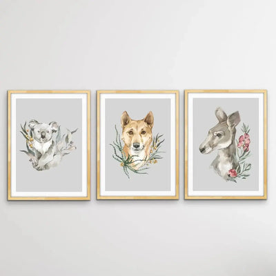Australian Native Animal Prints Set Two - Koala, Dingo, Kangaroo - I Heart Wall Art - Poster Print, Canvas Print or Framed Art Print