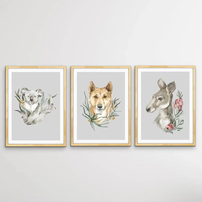 Australian Native Animal Prints Set Two - Koala, Dingo, Kangaroo - I Heart Wall Art - Poster Print, Canvas Print or Framed Art Print
