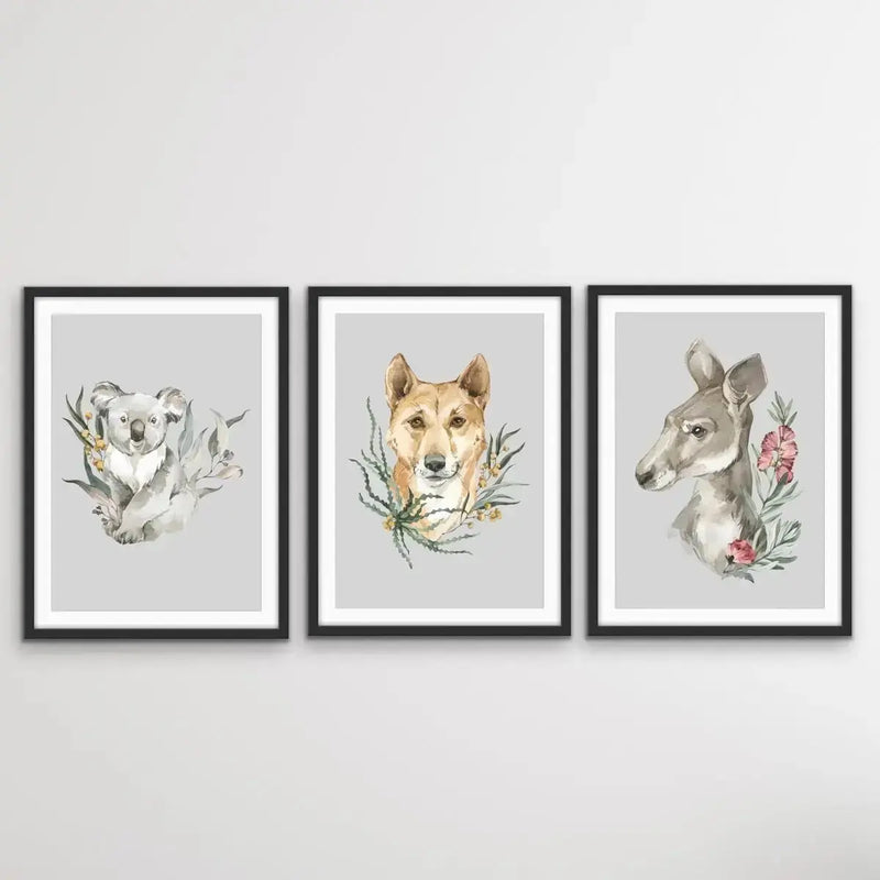Australian Native Animal Prints Set Two - Koala, Dingo, Kangaroo - I Heart Wall Art - Poster Print, Canvas Print or Framed Art Print