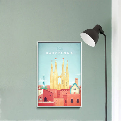 Barcelona by Henry Rivers - Stretched Canvas Print or Framed Fine Art Print - Artwork- Vintage Inspired Travel Poster I Heart Wall Art Australia 