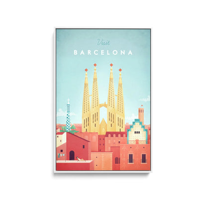 Barcelona by Henry Rivers - Stretched Canvas Print or Framed Fine Art Print - Artwork- Vintage Inspired Travel Poster I Heart Wall Art Australia 