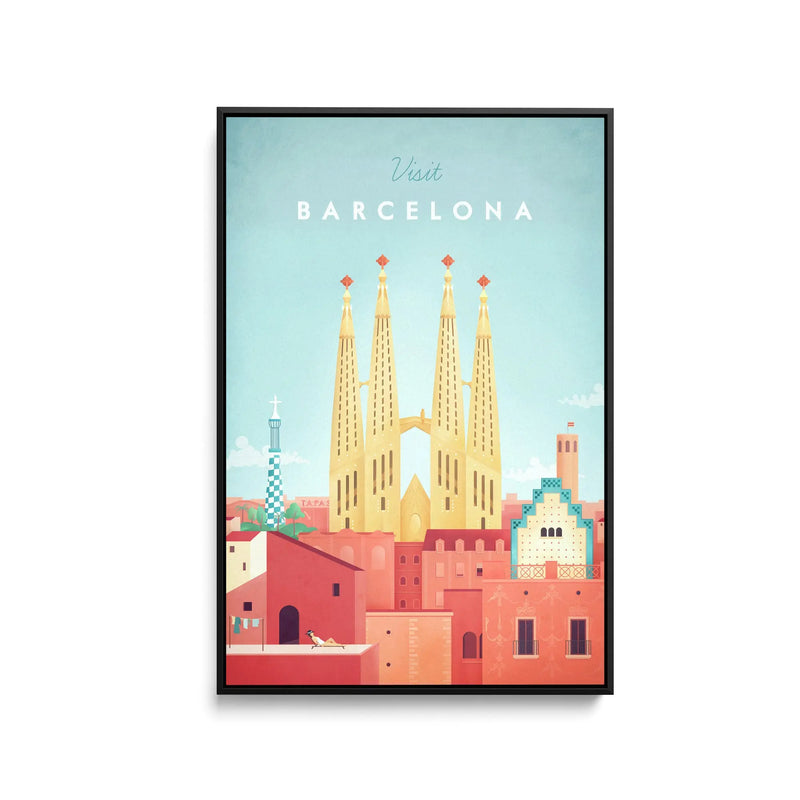 Barcelona by Henry Rivers - Stretched Canvas Print or Framed Fine Art Print - Artwork- Vintage Inspired Travel Poster I Heart Wall Art Australia 