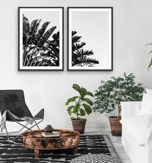 Black and White Banana Palm - Two Piece Boho Banana Palm Print Set Diptych - I Heart Wall Art - Poster Print, Canvas Print or Framed Art Print