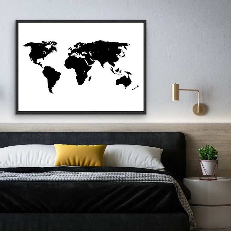 Black and White World Map - Framed Canvas Wall Art Print - I Heart Wall Art - Poster Print, Canvas Print or Framed Art Print