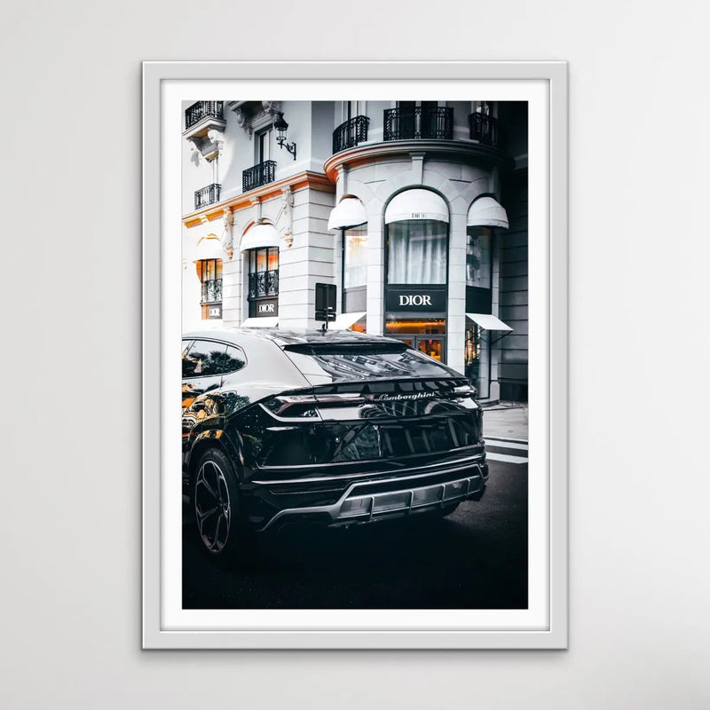 Buying Luxury - Photographic Print Showing Lamborghini Passing A Dior Boutique I Heart Wall Art Australia 