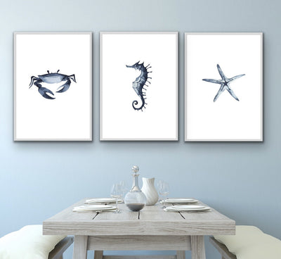 By The Sea - Three Piece Crab Starfish Seahorse Watercolour Print Set Triptych - I Heart Wall Art