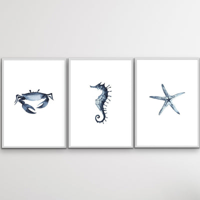 By The Sea - Three Piece Crab Starfish Seahorse Watercolour Print Set Triptych - I Heart Wall Art