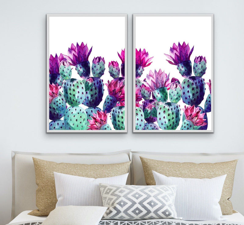 Cactus Watercolours - Two Piece Watercolour Pink Purple Green Cactus Prints Diptych - I Heart Wall Art