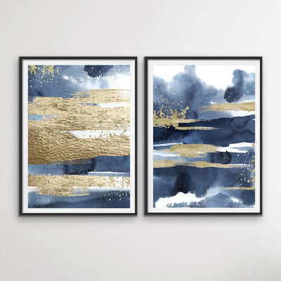 Calm With Gold - Two Piece Hamptons Blue Watercolour Wall Art Print s Artwork Diptych - I Heart Wall Art - Poster Print, Canvas Print or Framed Art Print