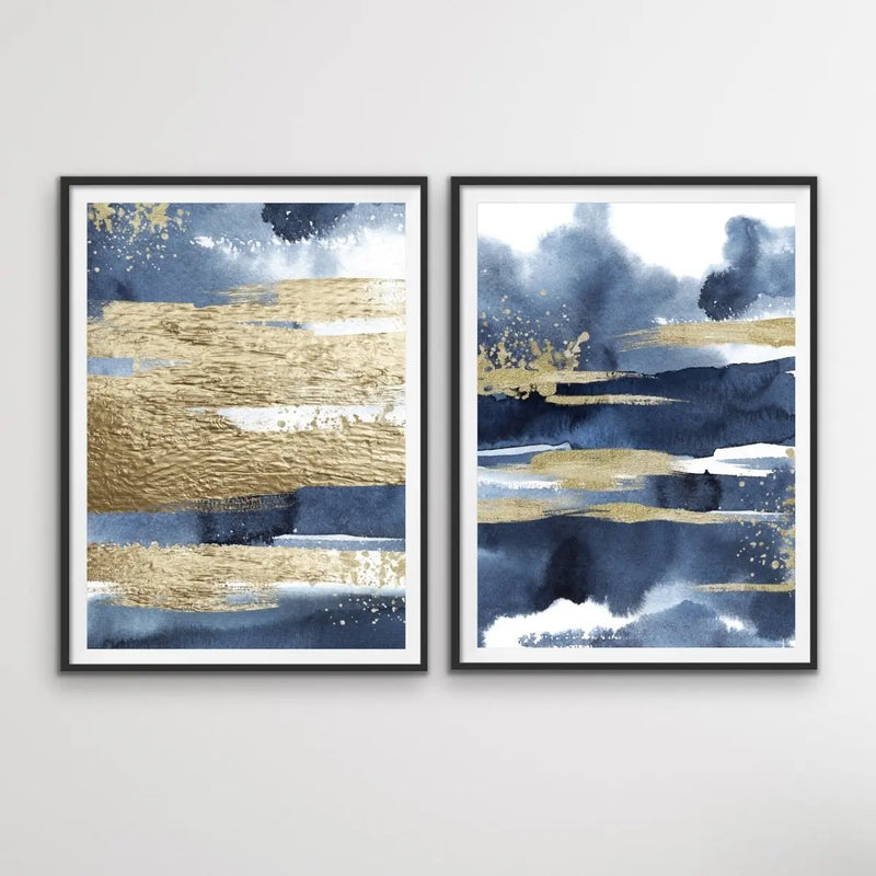Calm With Gold - Two Piece Hamptons Blue Watercolour Wall Art Print s Artwork Diptych - I Heart Wall Art - Poster Print, Canvas Print or Framed Art Print