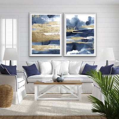 Calm With Gold - Two Piece Hamptons Blue Watercolour Wall Art Print s Artwork Diptych - I Heart Wall Art - Poster Print, Canvas Print or Framed Art Print