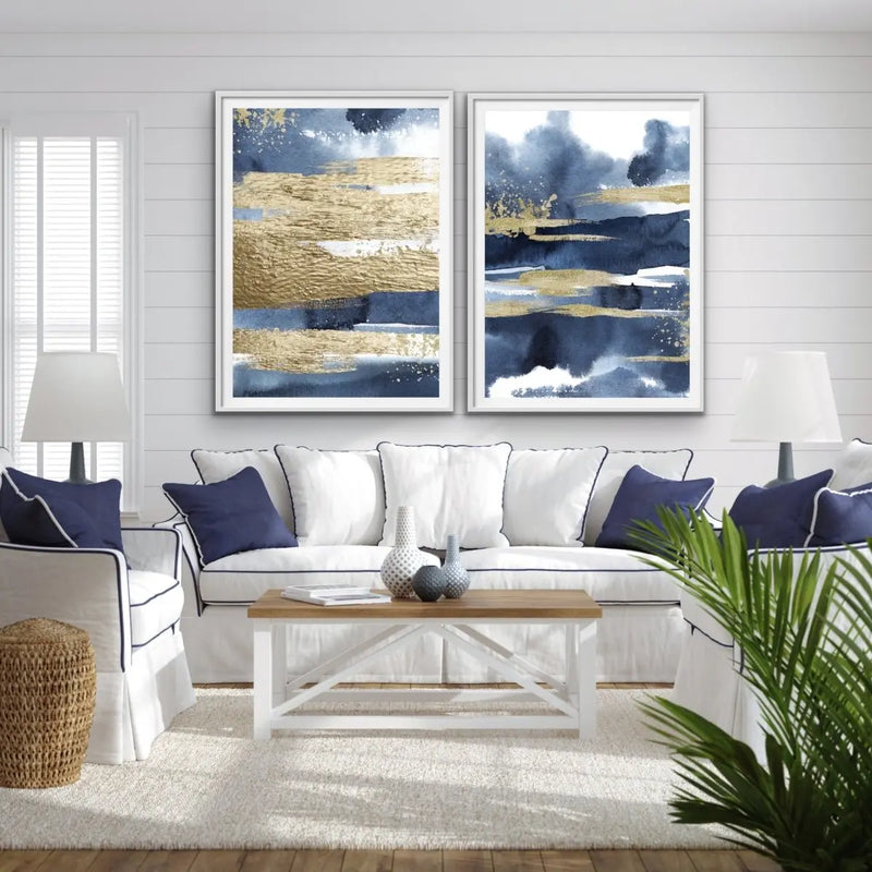 Calm With Gold - Two Piece Hamptons Blue Watercolour Wall Art Print s Artwork Diptych - I Heart Wall Art - Poster Print, Canvas Print or Framed Art Print