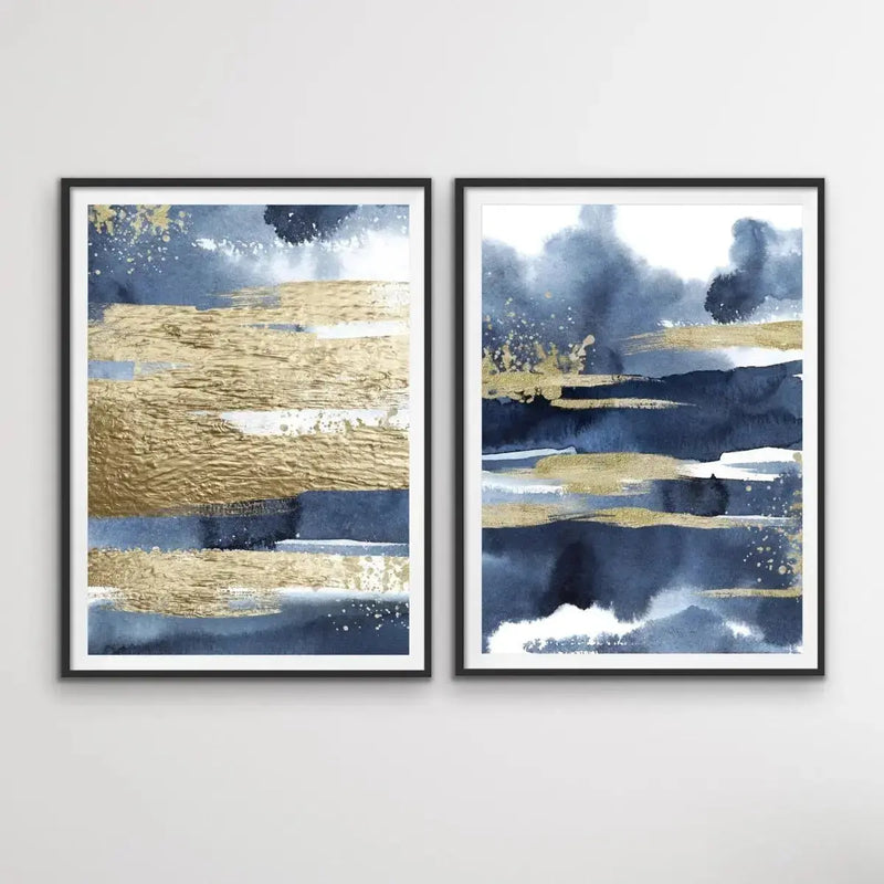 Calm With Gold - Two Piece Hamptons Blue Watercolour Wall Art Print s Artwork Diptych - I Heart Wall Art - Poster Print, Canvas Print or Framed Art Print