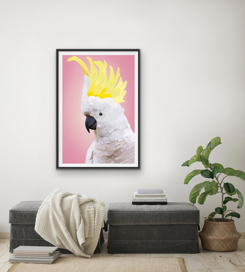 Cheeky Cockatoo - Pink Cockatoo Bird Art Print Stretched Canvas Wall Art - I Heart Wall Art
