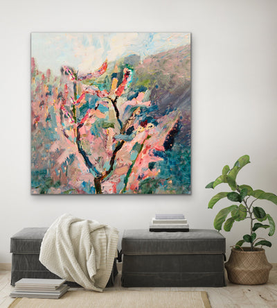 Cherry Blossom - Abstract Pink and Green Nature Stretched Canvas Artwork Wall Art Print - Nature Wall Art - I Heart Wall Art