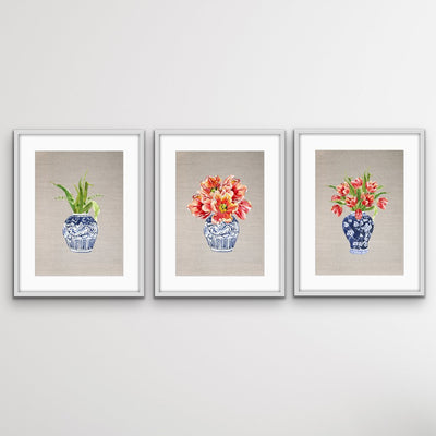 Chinoiserie - Three Piece Blue Chinese Porcelain Vases On Linen Wall Art Prints Red Flowers Blue Vases Triptych - I Heart Wall Art