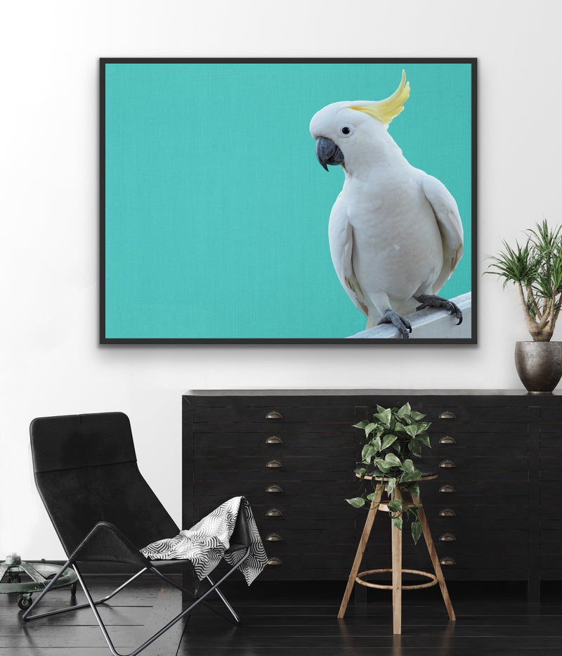 Cockatoo on Turquoise Linen - Framed Canvas Print Wall Art Print - I Heart Wall Art