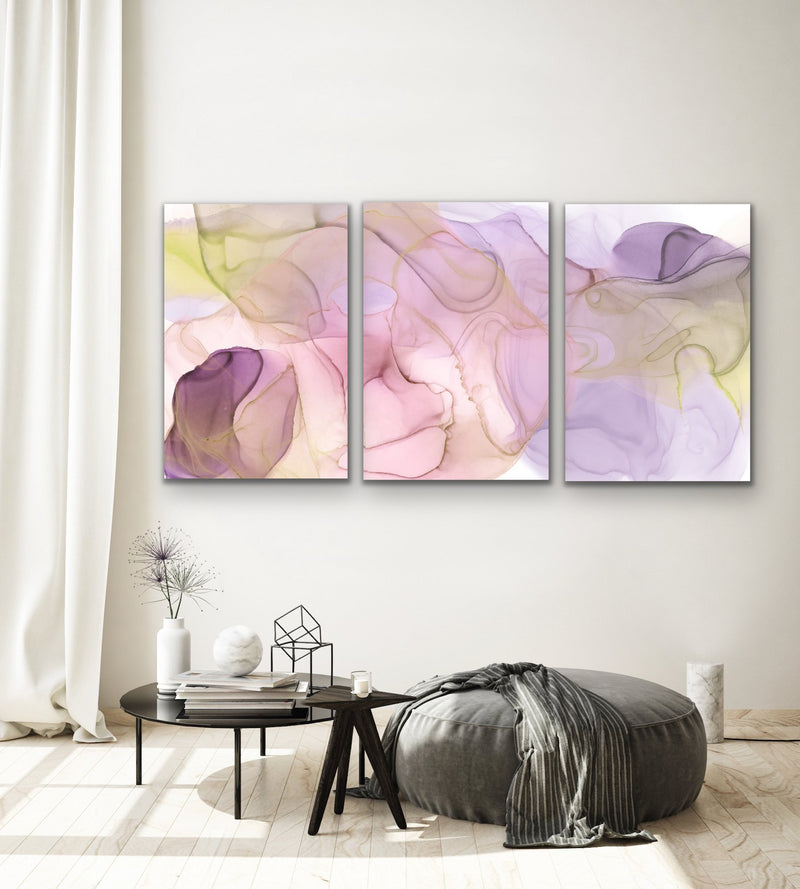 Dancing Days - Three Piece Pink and Yellow Alcohol Ink Abstract Artwork Triptych - I Heart Wall Art