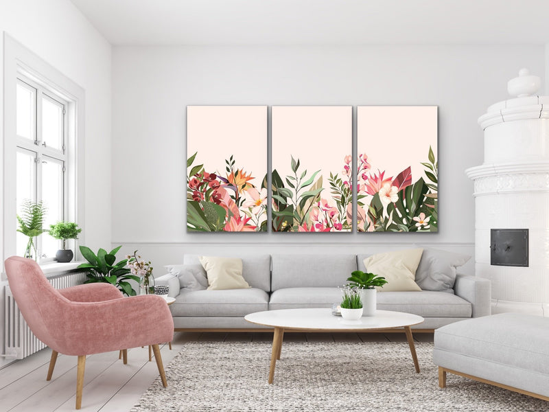 Down The Path - Three Piece Floral Pink Painted Canvas Wall Art Prints Triptych - I Heart Wall Art