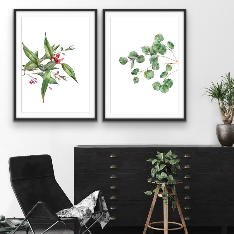 Eucalyptus Pair - Two Piece Eucalyptus Watercolour Stretched Canvas Framed Wall Art Diptych - I Heart Wall Art