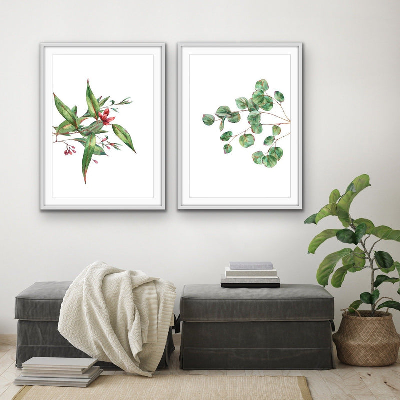 Eucalyptus Pair - Two Piece Eucalyptus Watercolour Stretched Canvas Framed Wall Art Diptych - I Heart Wall Art