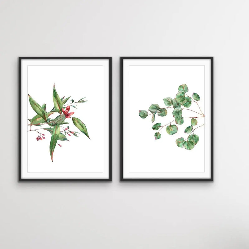Eucalyptus Pair - Two Piece Eucalyptus Watercolour Stretched Canvas Framed Wall Art Diptych - I Heart Wall Art