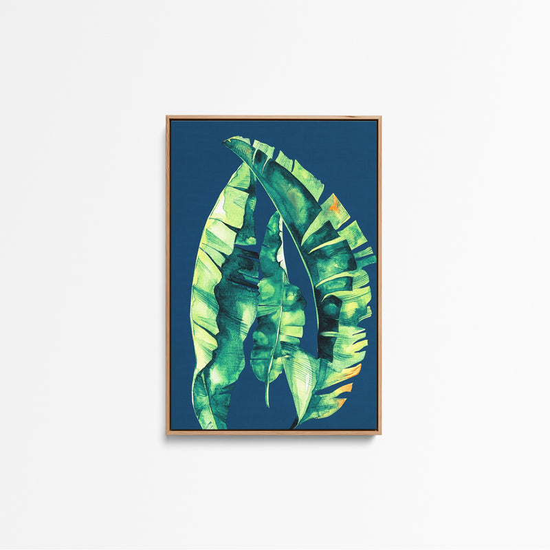 Falling Banana Leaf - Banana Leaf Palm Tropical Print Blue Background - I Heart Wall Art