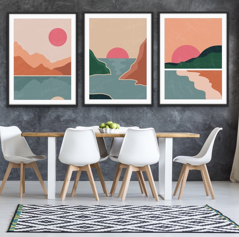 Faraway Place - Three Piece Orange Pink Geometric Boho Print Set Triptych - I Heart Wall Art