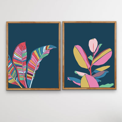 Fiddle Leaf and Banana Palm - Two Piece Turquoise Pink Contemporary Graphic Canvas Framed Wall Art Prints Diptych - I Heart Wall Art