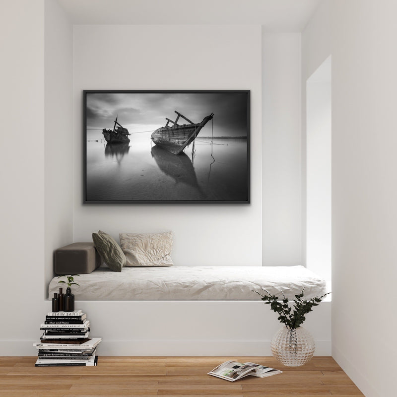 Forgotten Shore - Black and White Boat Landscape Framed Canvas Print Wall Art Print - I Heart Wall Art