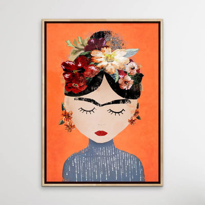 Frida In Orange - Colourful Frida Kahlo Illustration by TreeChild Available as a Canvas or Paper Print I Heart Wall Art Australia 