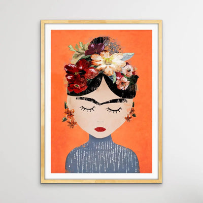 Frida In Orange - Colourful Frida Kahlo Illustration by TreeChild Available as a Canvas or Paper Print I Heart Wall Art Australia 