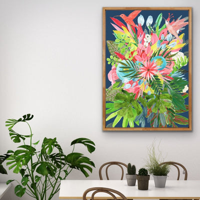 Garden Of Eden In Blue - Tropical Jungle Watercolour Print Stretched Canvas Wall Art - I Heart Wall Art